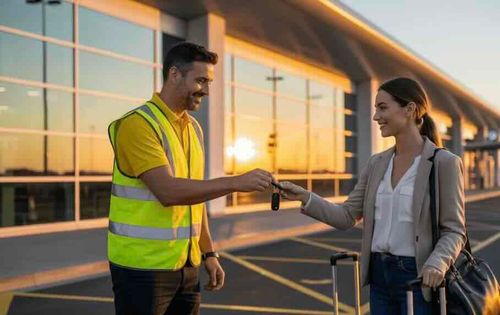Meet and greet driver receiving keys from a traveller at the terminal