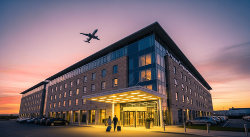 Modern airport hotel at dusk with travellers arriving and a plane taking off in the background