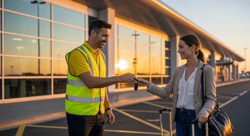 Meet and greet driver receiving keys from a traveller at the terminal