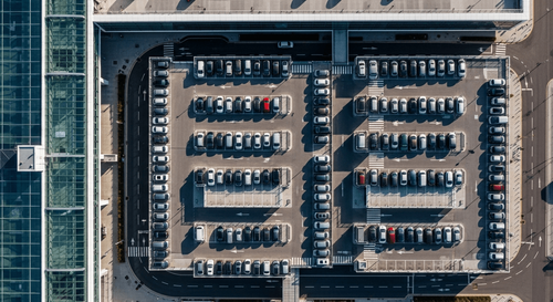 Aerial view of an airport short-stay car park next to the terminal